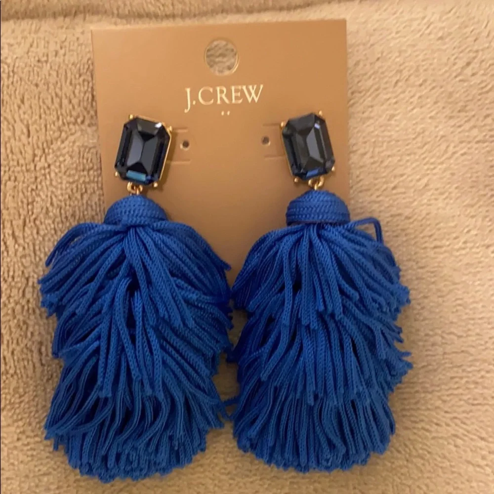 J.Crew Blue Tassel Statement Earrings Gold Tone Crystal Drop NWT